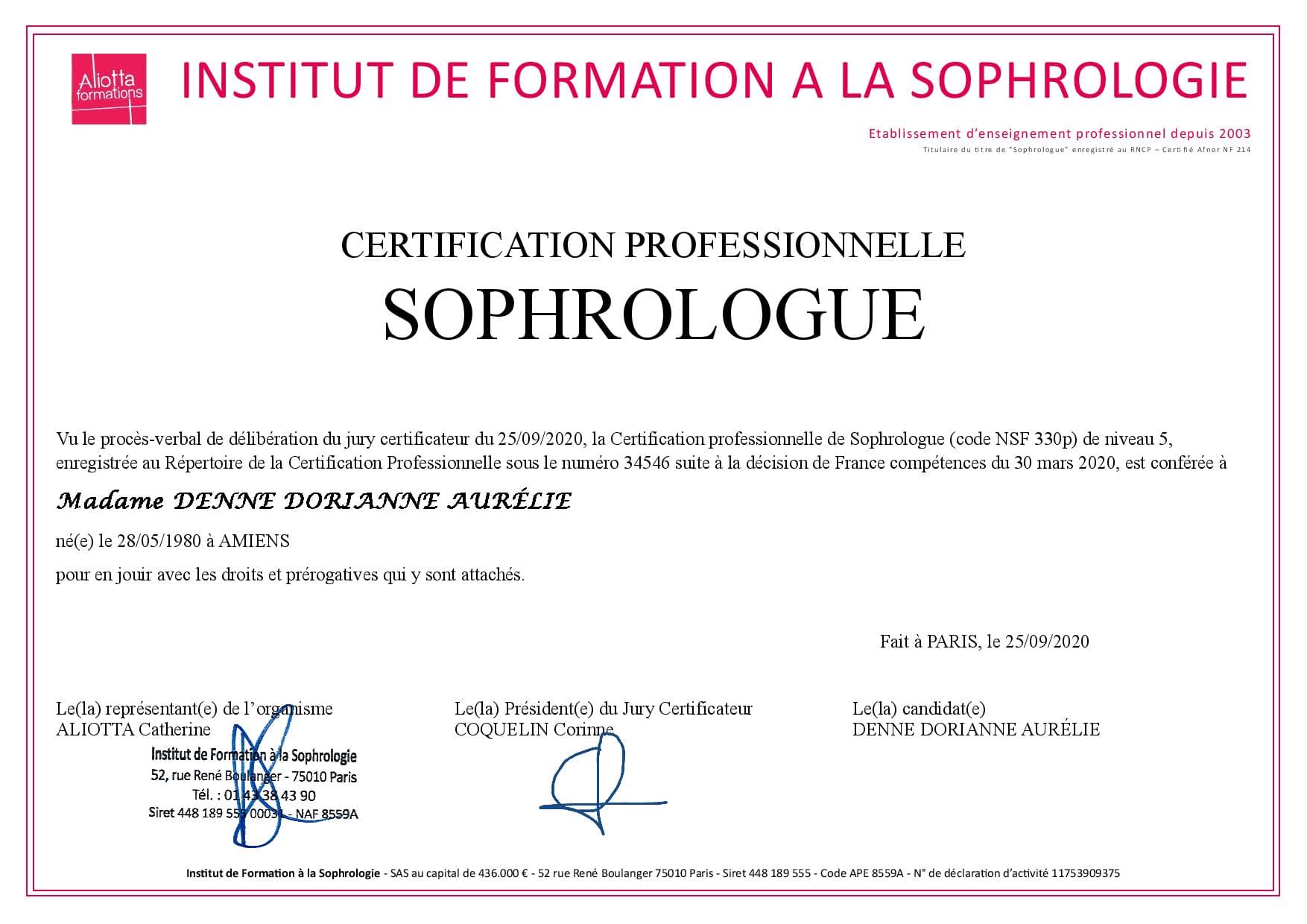 diplome sophrologie dorianne denne